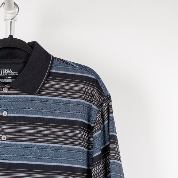 PGA Tour Polo Shirt L Mens Striped Black Blue White Short Sleeve Classic Golf - Picture 3 of 6